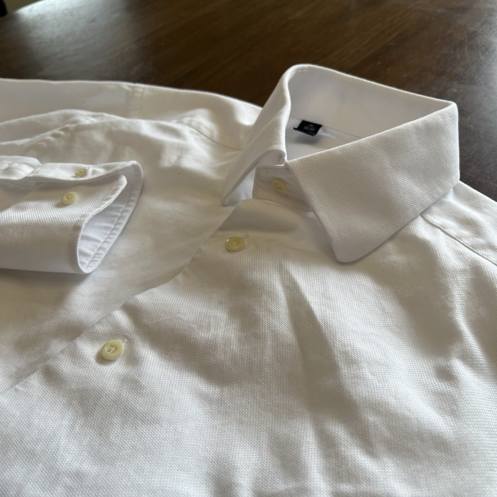 David Donahue Mens White Cotton Trim Fit Dress Shirt 15 32/33 Spread Collar